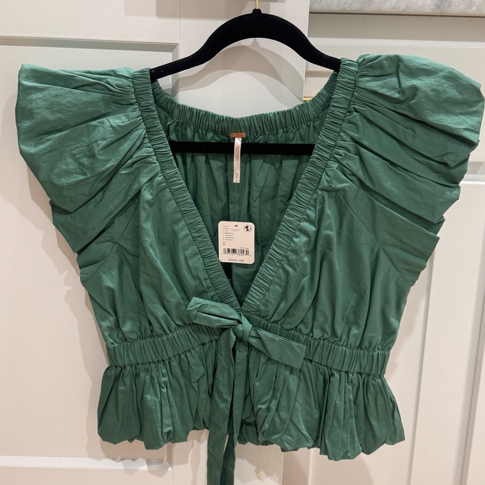 Free People Mermaid Emerald Puff Sleeve Blouse